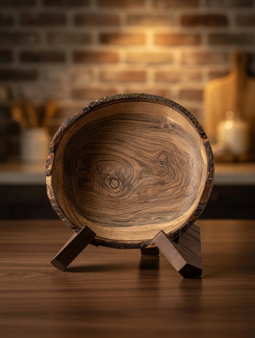 Live-edge walnut bowl with full bark, displayed on a wooden stand against a brick wall