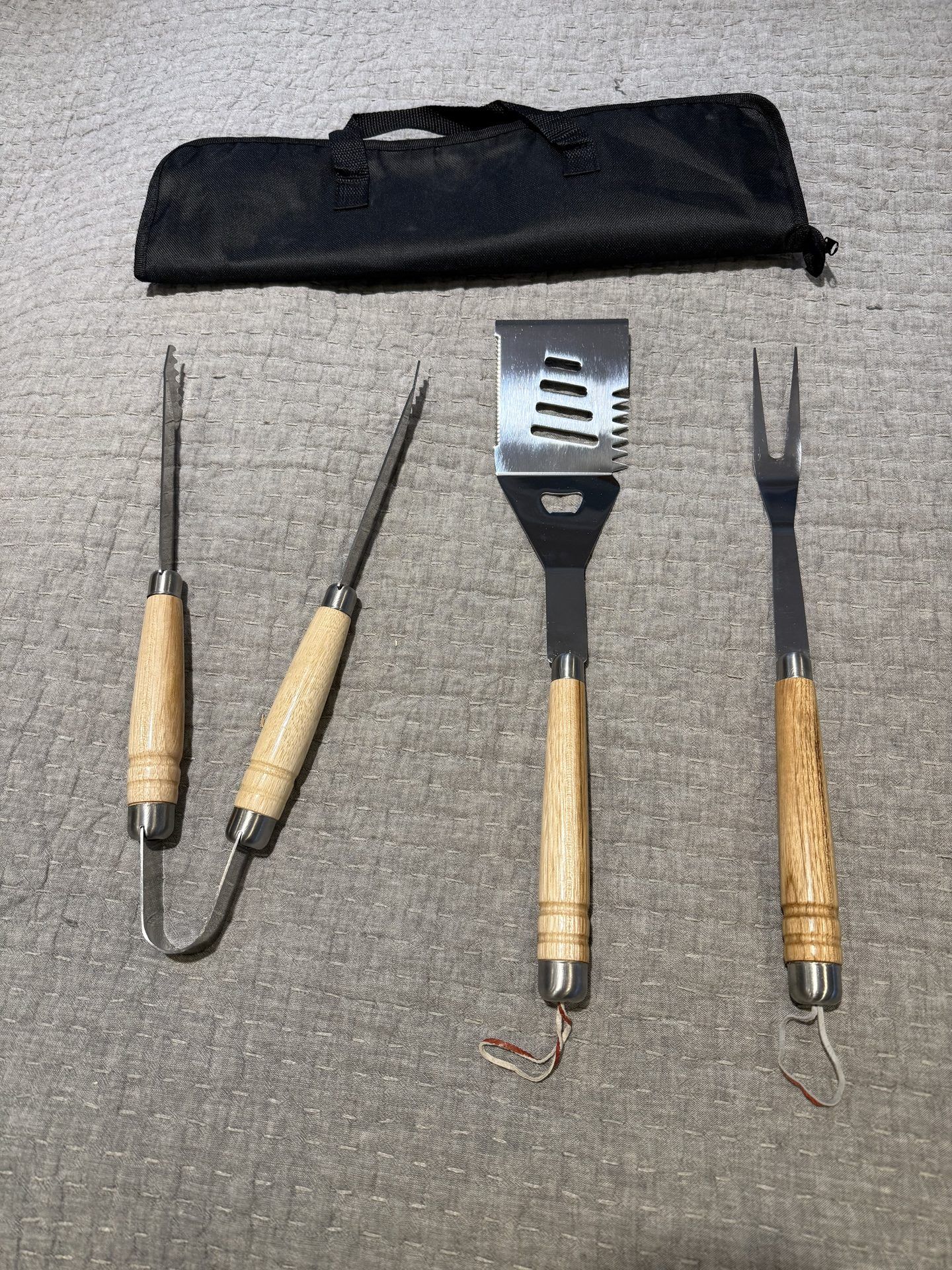 BBQ grilling set with hand-turned oak handles and carrying case