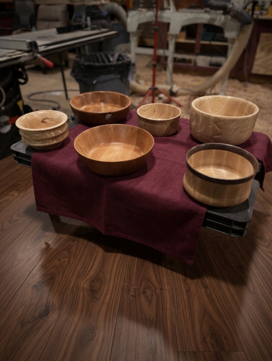 Six hand-turned bowls in maple, cherry, and walnut on the workshop floor