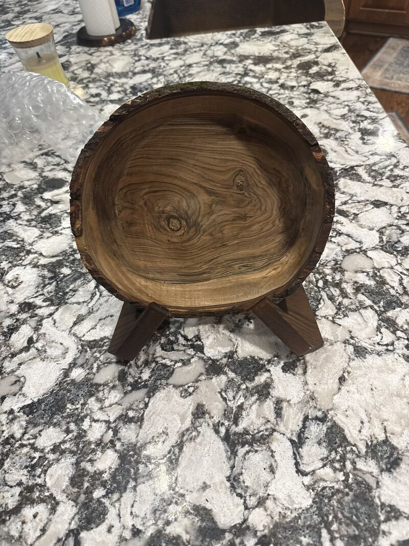 Turned wood bowl on display stand