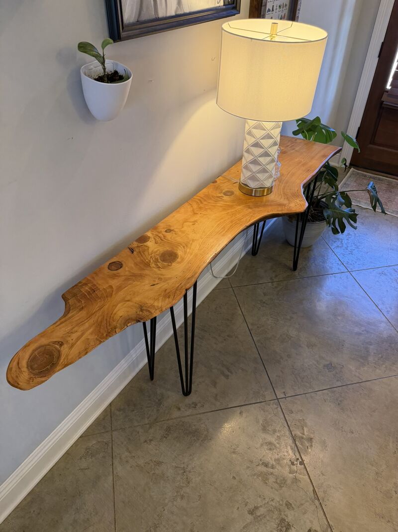 Live-edge console table with hairpin legs