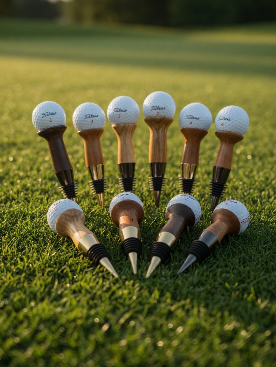 Ten golf-ball-cradle bottle stoppers arranged on a fairway at sunset