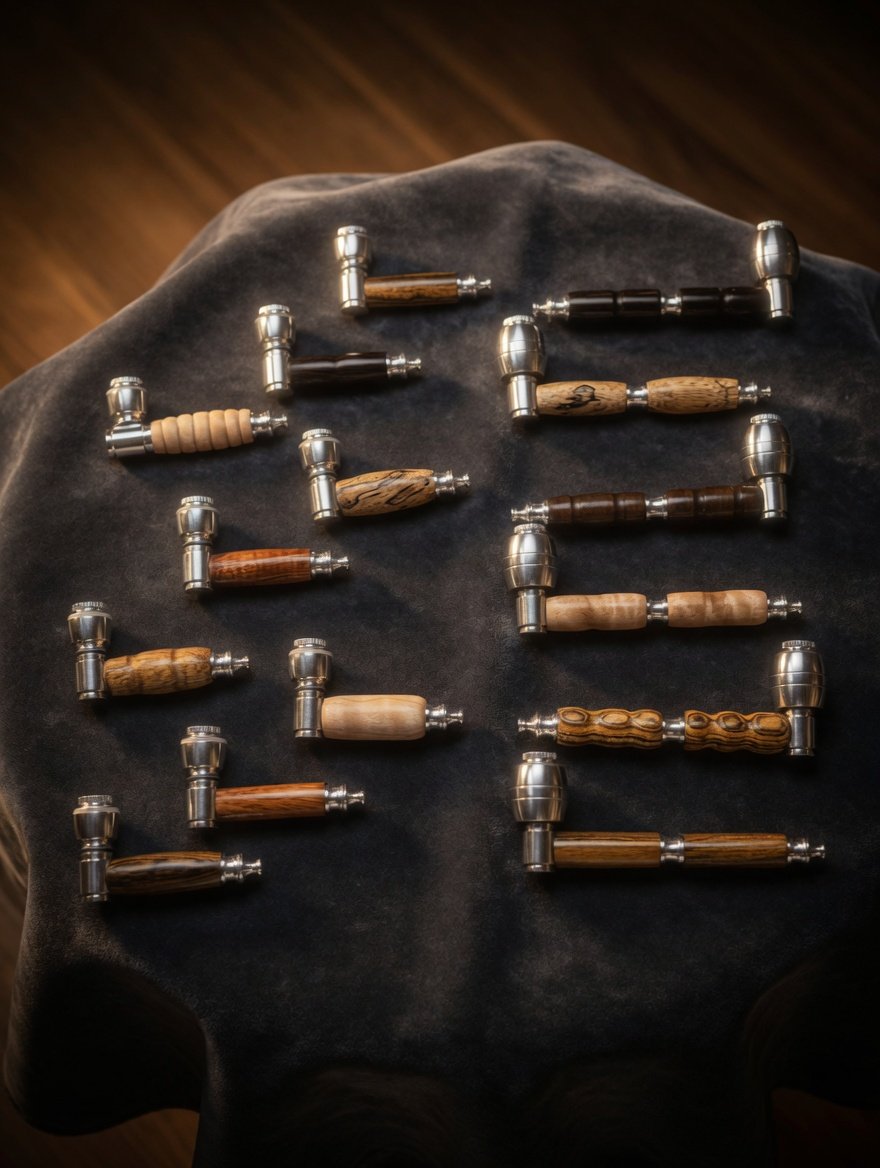 A collection of hand-turned smoking pipes in many hardwoods, laid out on dark leather
