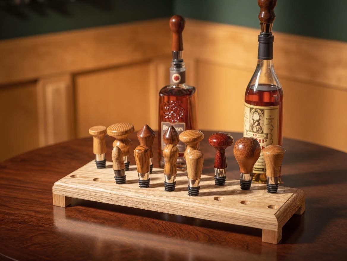 Bourbon bottles paired with a hand-turned oak bottle-stopper display stand