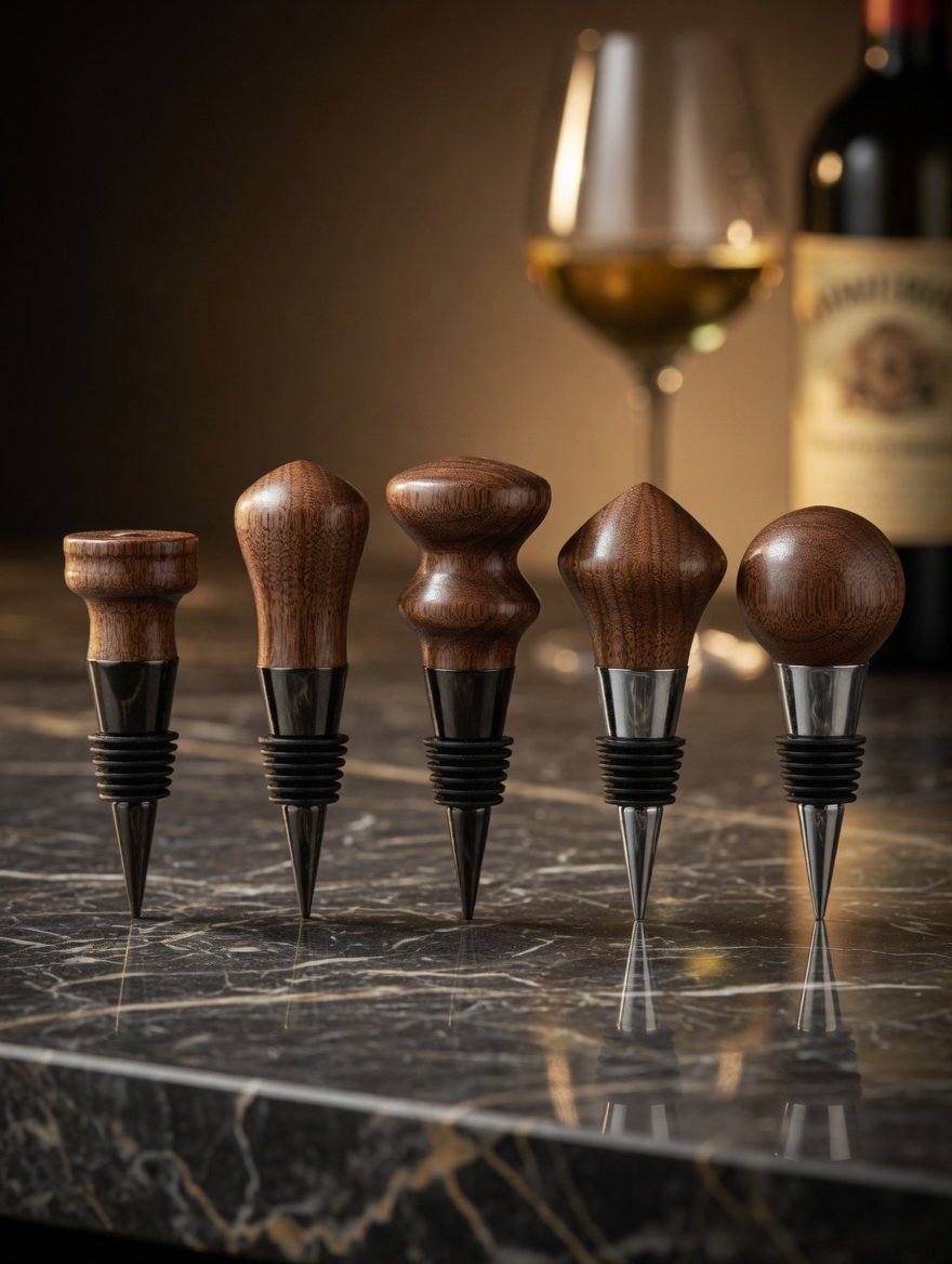 Five hand-turned walnut wine bottle stoppers on a marble counter with wine glass and bottle