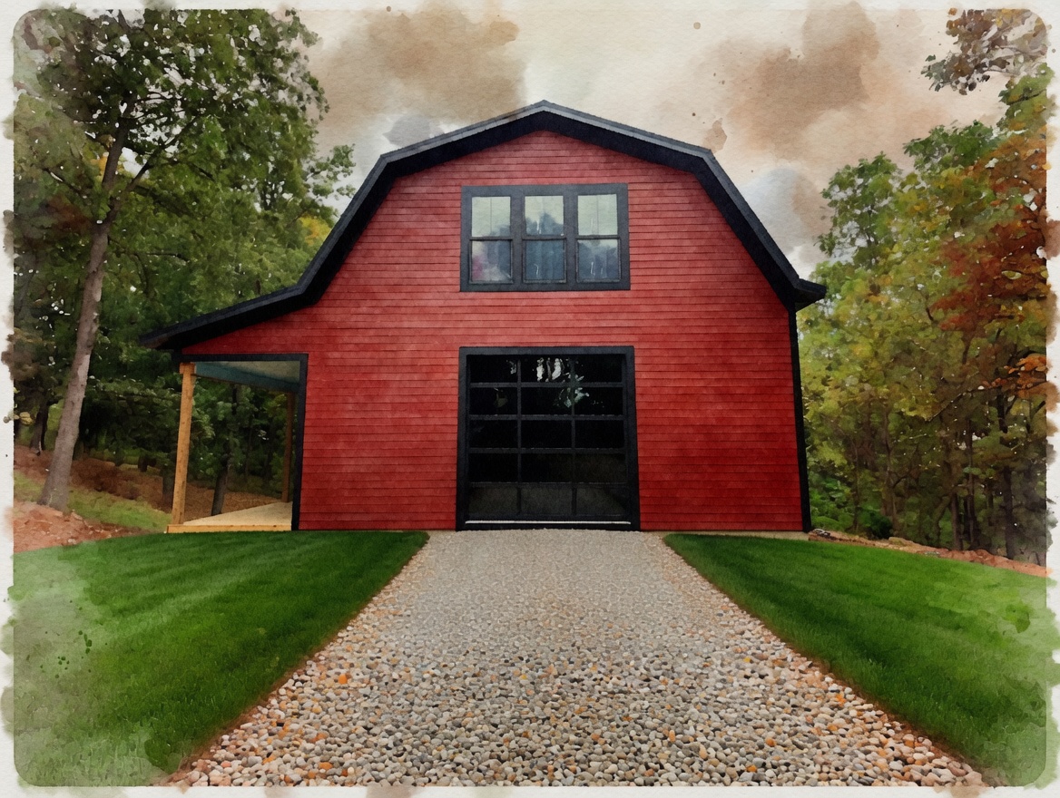 Watercolor painting of the Redbarn workshop — a red gambrel barn in Mount Vernon, Ohio